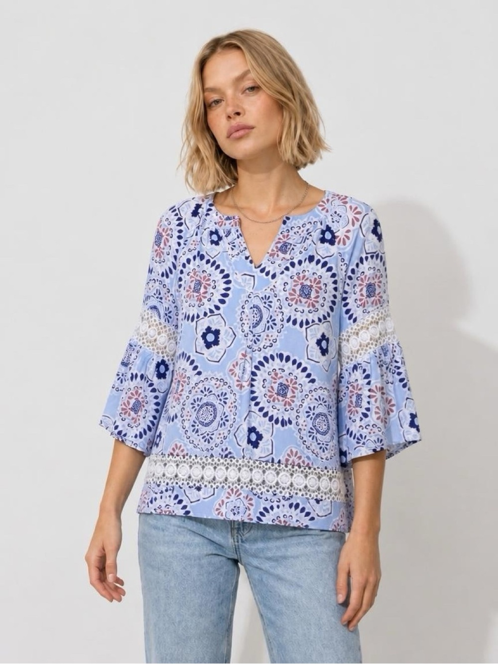 CROWN & IVY TOP SIZE PS NEW WITH TAGS Light Blue Floral Lace-Trim V-Neck Blouse